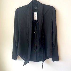 Ann Taylor Brand New Black Blouse, Long Sleeves, Bow Tie Neck, XS, NWT